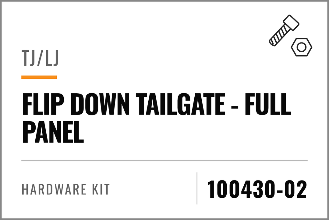 100430-02 Hardware Kit (TJ/LJ Flip Down Tailgate - Full Panel) — kit identification; see Kit Includes.